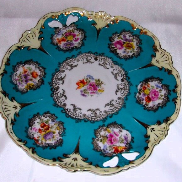 Antique Hand-Painted Turquoise Floral Oyster Plate - Eleanor China Austria - Picture 1 of 2